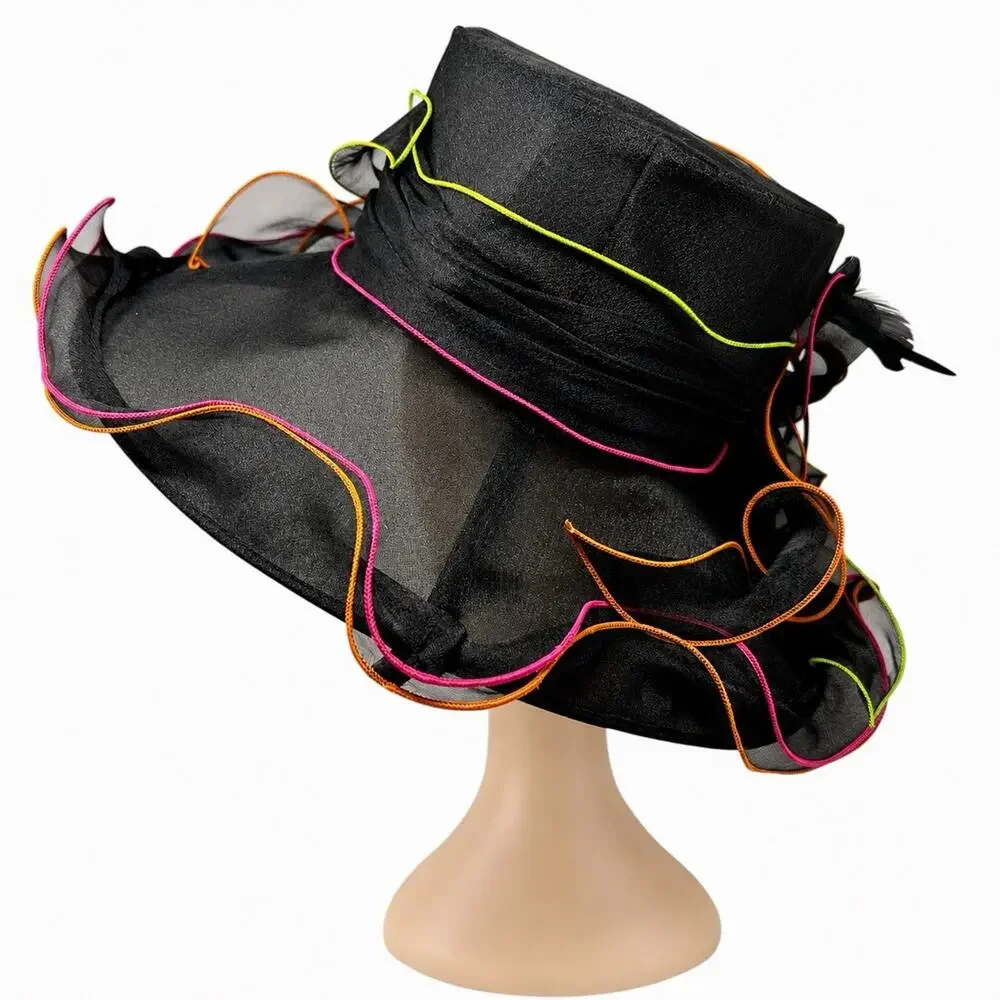 Y2K Black Organza Kentucky Derby Hat Wide Brim Neon Trim Feather Race Day Vtg